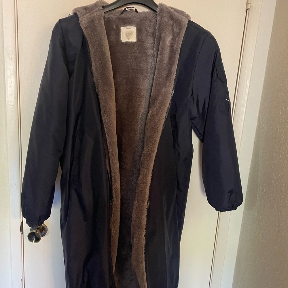 Long Navy Hooded parka with Taupe Faux Fur Lining